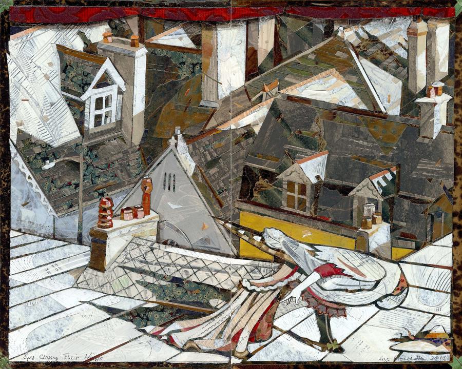 Fine art original painting theatre of birds by Lys Flowerday - EYES CLOSING THEIR WINGS