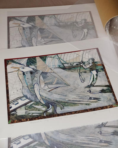 Coastal scene figures & sails giclée art print - MEANWHILE THEY ARE WRITING THEIR LIBRETTI