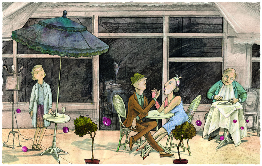French caf&eacute; terrace scene with figures gicl&eacute;e art print by Lys Flowerday - RENDEZ VOUS