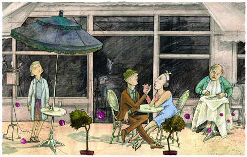 French café terrace scene with figures giclée art print by Lys Flowerday - RENDEZ VOUS