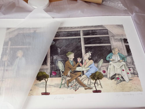 French café terrace scene with figures giclée art print by Lys Flowerday - RENDEZ VOUS