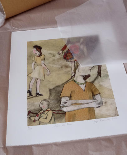 Characters inside a Paris street giclée art print by artist Lys Flowerday - SCENE DE RUE