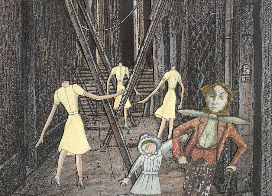 Mixed media artwork cut-out figures inside Paris by Lys Flowerday -  PRES DE LA MADELEINE