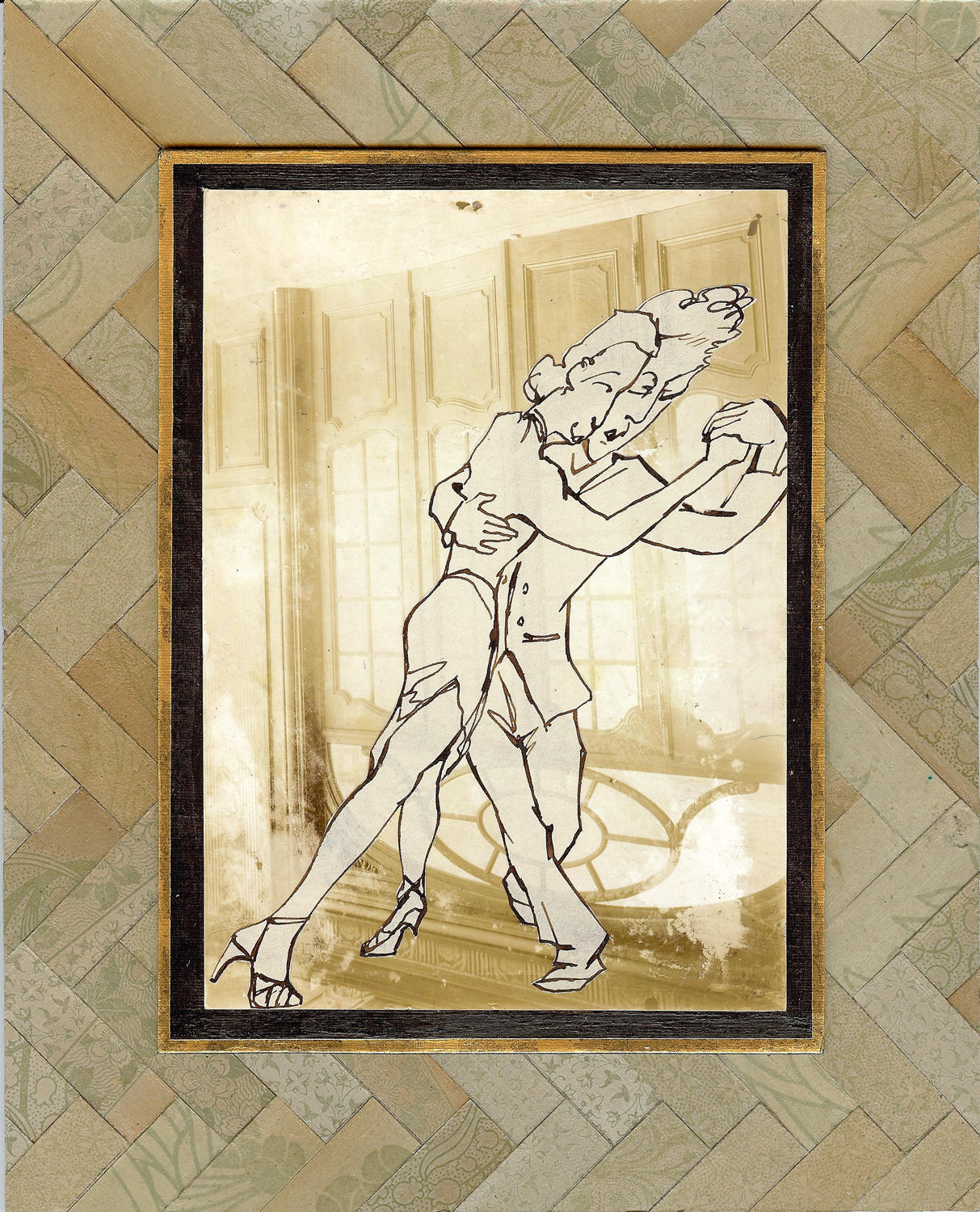 Mixed media original artwork suspended dancers by artist Lys Flowerday - TANGUERROTYPE I