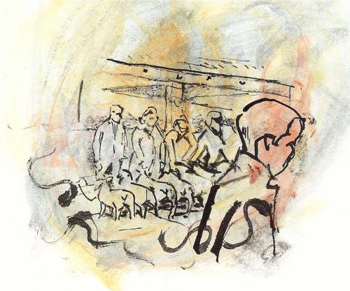 Coloured drawing Dartmouth Fatstock market picture by Lys Flowerday Devon - THE YOUNG ONE