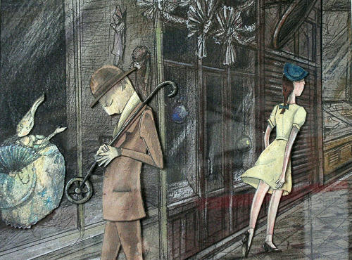 Drawing artwork inside the Passage Jouffroy in Paris by Lys Flowerday - DANS LE PASSAGE