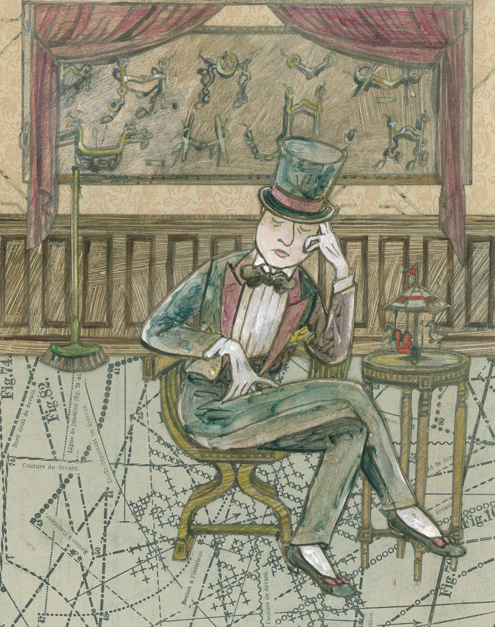 Figurative artwork interior scene by Lys Flowerday - TRIQUETRAQUE  LE MAITRE DU METRONOME