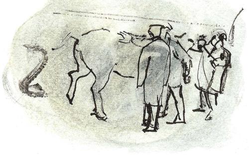 Men and beasts Fatstock market Devon original drawing by Lys Flowerday - THE INITIATE