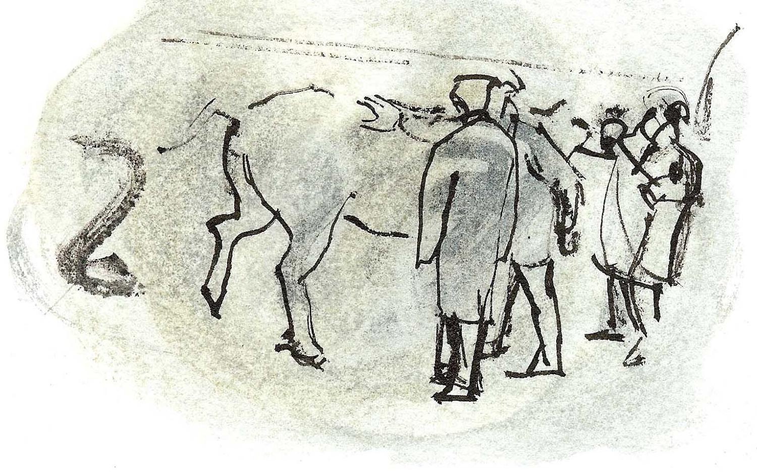 Men and beasts Fatstock market Devon original drawing by Lys Flowerday - THE INITIATE