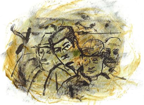 Artist study faces of farmers at Dartmouth Fatstock market by Lys Flowerday - VIGNETTE