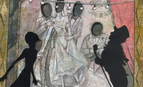 Painting with cut-out figures passing a window display by Lys Flowerday - TRAVAIL SOIGNE