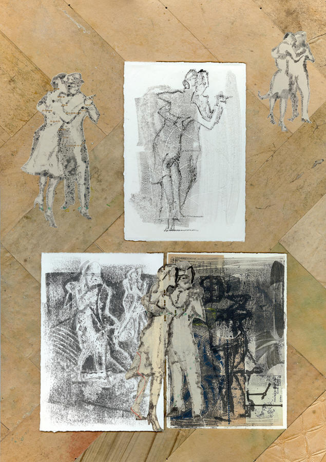Figurative art original composite monotype by artist Lys Flowerday - LONMIGA PHOSPHENE III