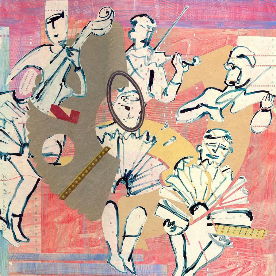 Original art painted collage image musician performers by Lys Flowerday artist - ORQUESTA