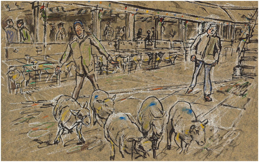 Shepherds at Dartmouth Fatstock market original artwork by Lys Flowerday - IT HAPPENED