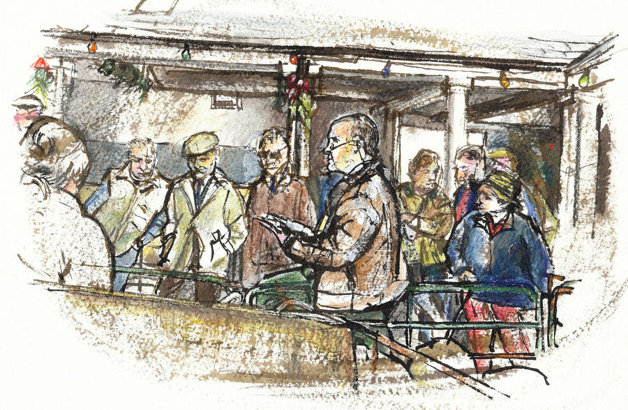 Gallery artwork Fatstock market coloured drawing by Lys Flowerday Devon - OLD FAVOURITES