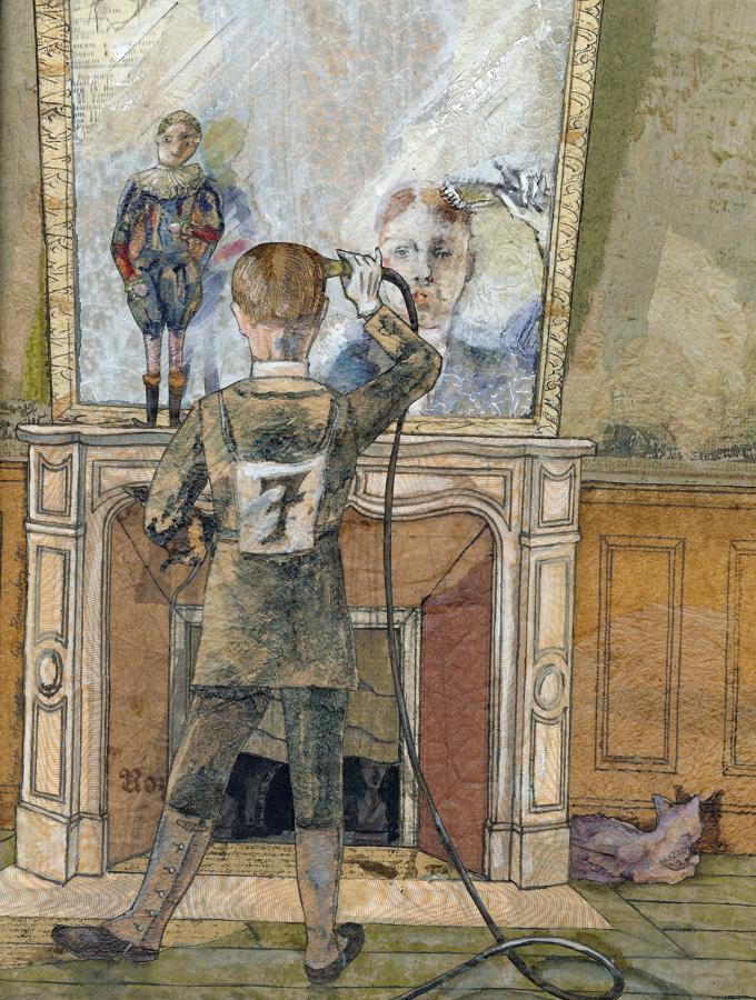 Figure looking in a mirror at a fireplace painting artwork by Lys Flowerday - LE FRERE