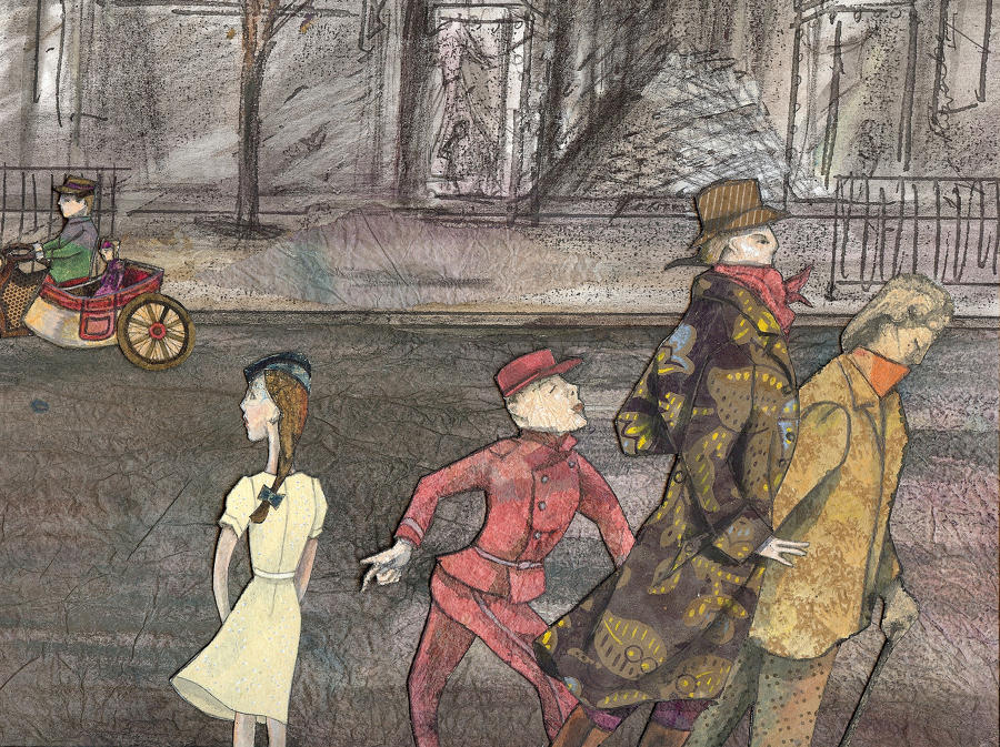 Figures in a Paris street artwork by Lys Flowerday - BOULEVARD BONNE NOUVELLE
