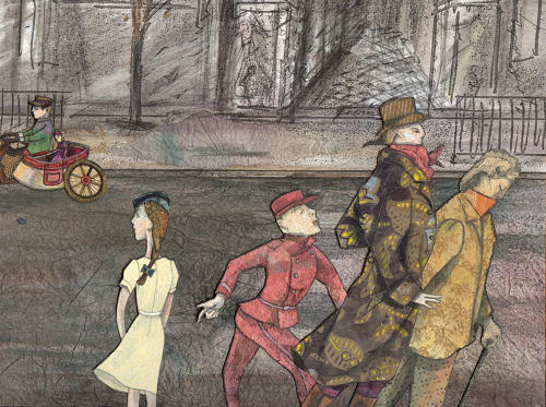 Figures in a Paris street artwork by Lys Flowerday - BOULEVARD BONNE NOUVELLE