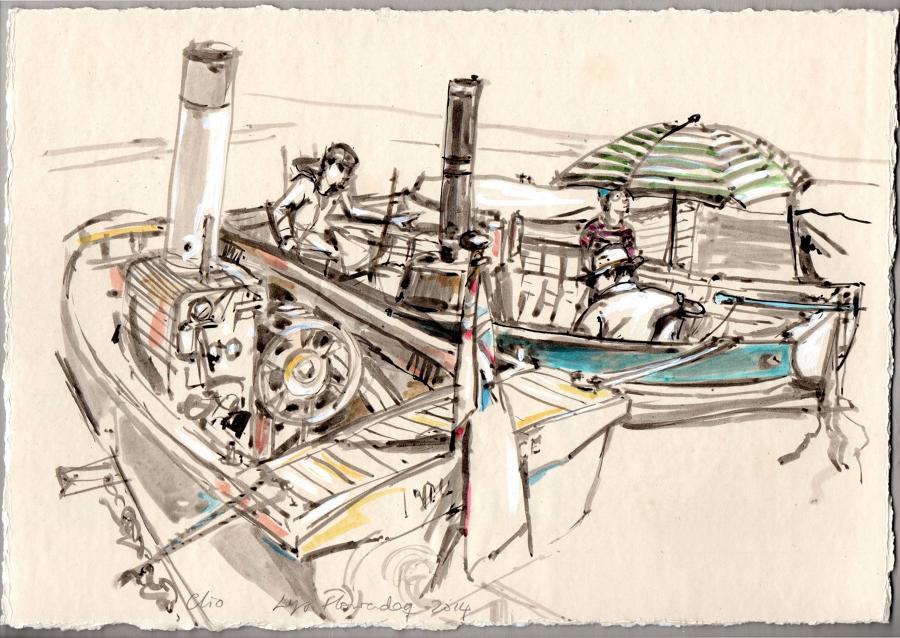 Classic wooden steam boats gathered at Regatta artwork by Lys Flowerday - CLIO ONE SUNDAY