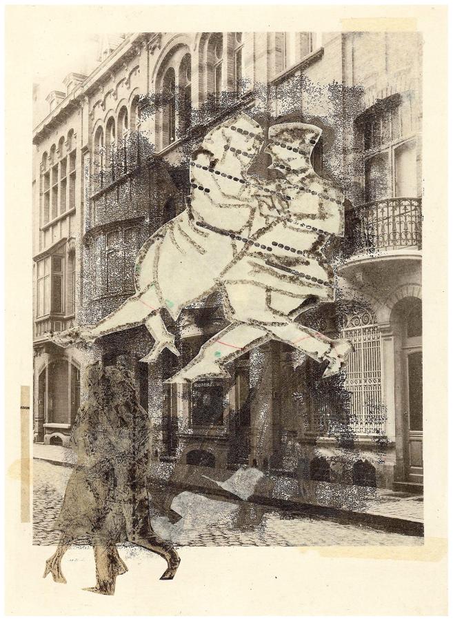 Monotype collage original picture milonga dancers by Lys Flowerday Foss street - OWL TIME