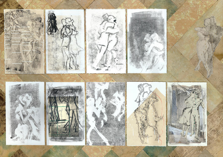 Figurative art original composite monotype by artist Lys Flowerday - LONMIGA PHOSPHENE I