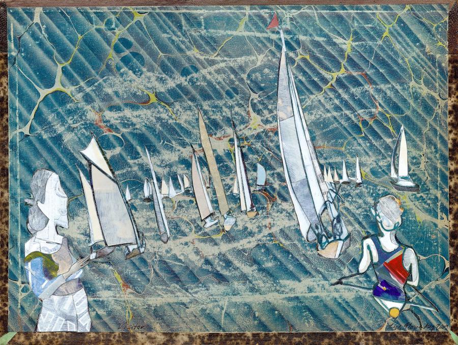 Original art piece sail boats and rower by Lys Flowerday Dartmouth artist Devon - VISITORS