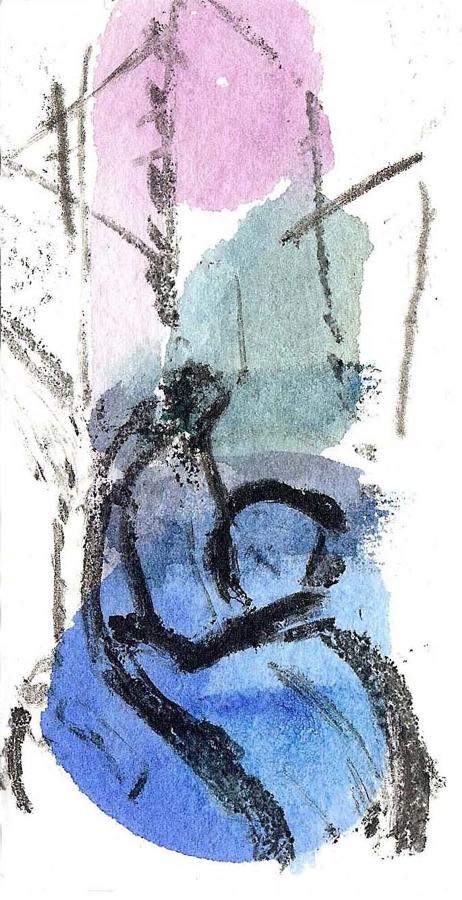 Small monotype artwork original picture of church bell ringer by Lys Flowerday - EVERGREEN
