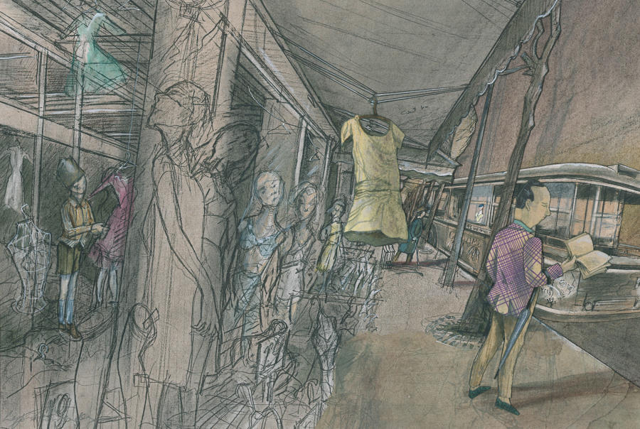 Coloured drawing figures on a boulevard in Paris by Lys Flowerday - BOULEVARD BARBES