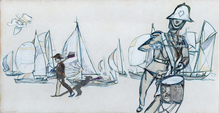 Sails and ceremony on the Dart estuary painting collage art by Lys Flowerday - PARADE