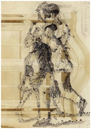 Figures dancing in time and space original monotype art by Lys Flowerday - TELEFONICO