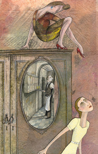 Painting of curious scene passing shop window by Lys Flowerday - L'ARMOIRE AU SERVEUR