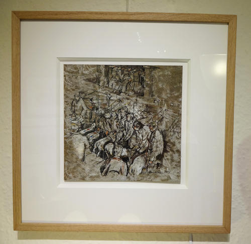 Original artwork picture Fatstock market by Lys Flowerday Dartmouth Devon - OVER THERE