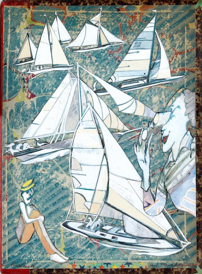Original painting collage regatta races at sea & spectators by Lys Flowerday  - PROMENADE