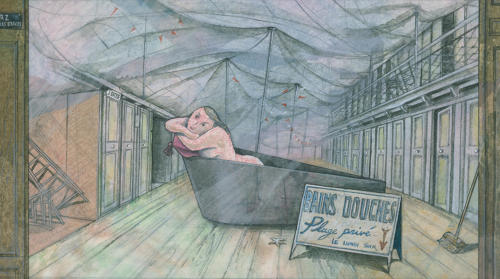 Public bath house window display original painted artwork by Lys Flowerday - VITRINE