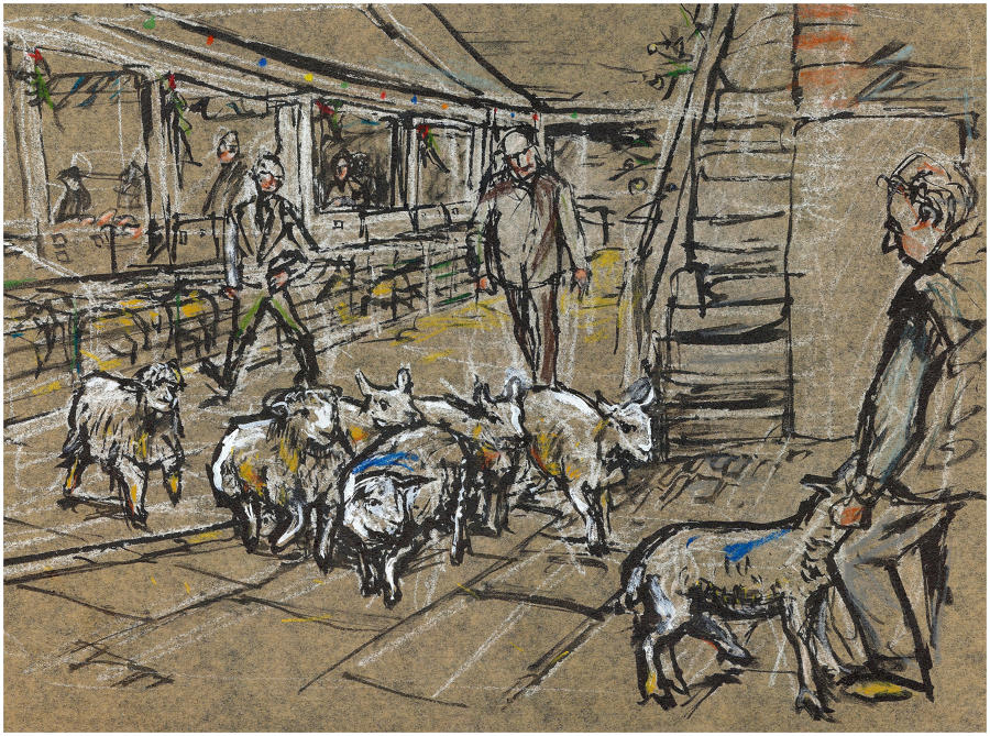 Original art picture Fatstock old market Dartmouth Devon by Lys Flowerday  - THE EXIT