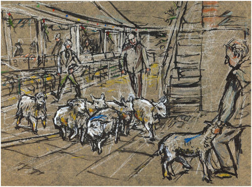 Original art picture Fatstock old market Dartmouth Devon by Lys Flowerday  - THE EXIT
