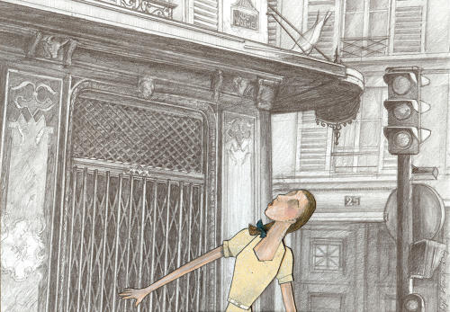 Paris street drawing with articulated figure by Lys Flowerday - AU COIN DE LA RUE MADAME