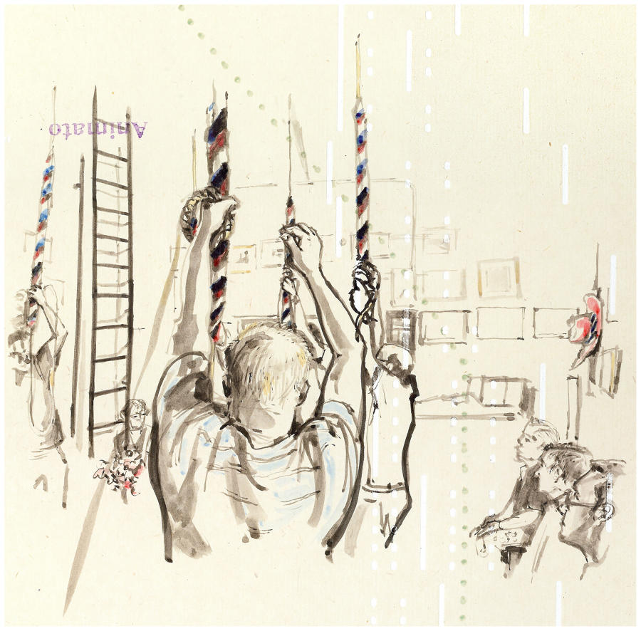 Pen and ink drawing original artwork church bell ringers by Lys Flowerday - RESPIRATION