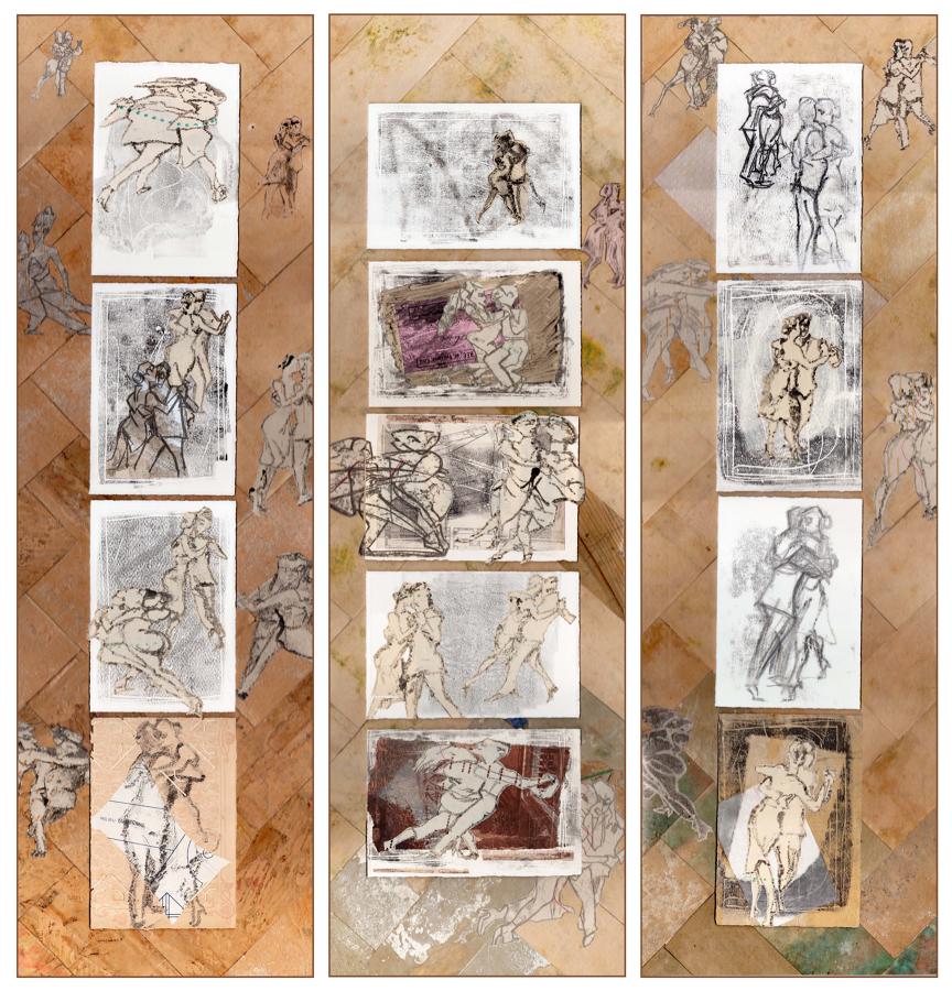 Unique mixed media monotypes original artwork dancers by Lys Flowerday - MILONGA TRIPTYCH