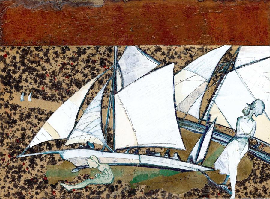 Original painting collage vintage sailboat Pen Duick and figures by Lys Flowerday - PINA