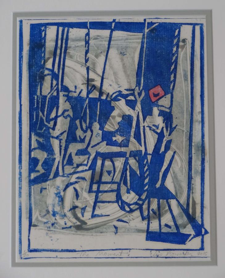 Original monoprint of church bell ringers in their chamber by Lys Flowerday - THE MOMENT
