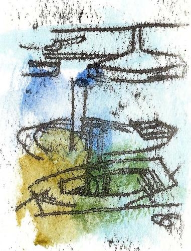 Monoprint art small steam boats moored at Dartmouth by Lys Flowerday - BIRDS OF A FEATHER