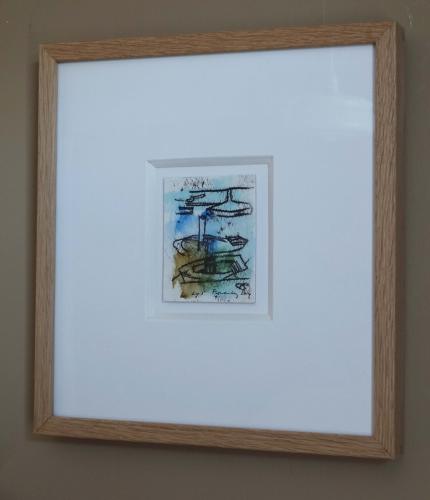 Monoprint art small steam boats moored at Dartmouth by Lys Flowerday - BIRDS OF A FEATHER