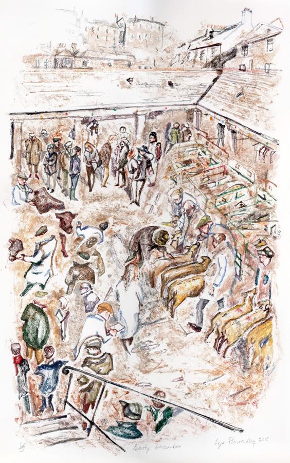 Dartmouth Fatstock market monotype original print by Lys Flowerday  - EARLY DECEMBER I
