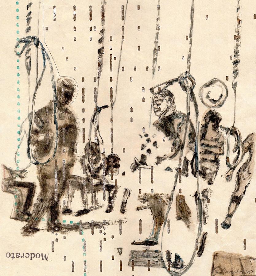 Bell ringers fine art monotype on pianola paper by Lys Flowerday - FROM BEHIND A CLOUD