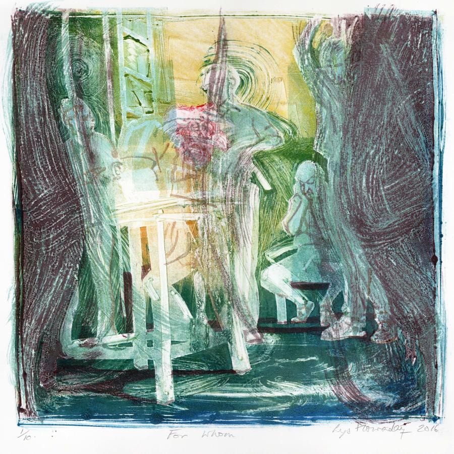 Church bell ringers monotype original print by Lys Flowerday Studio Dix Neuf - FOR WHOM I