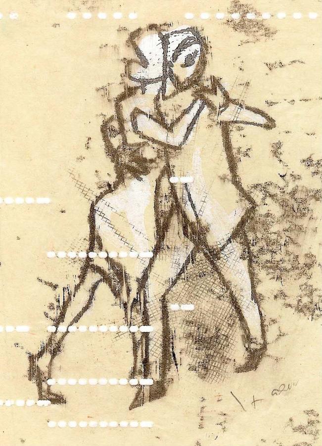 Monotype art original print dancing figures by fine artist Lys Flowerday - SIMPATICO