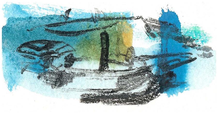 Small steam boat love Regatta gathering artwork by Lys Flowerday Devon - DOWN THE STEPS