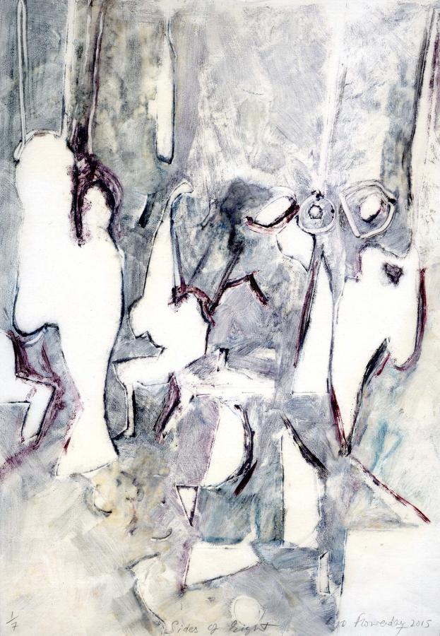 Abstract original monotype art print of bell ringers by Lys Flowerday - SIDES OF EIGHT I