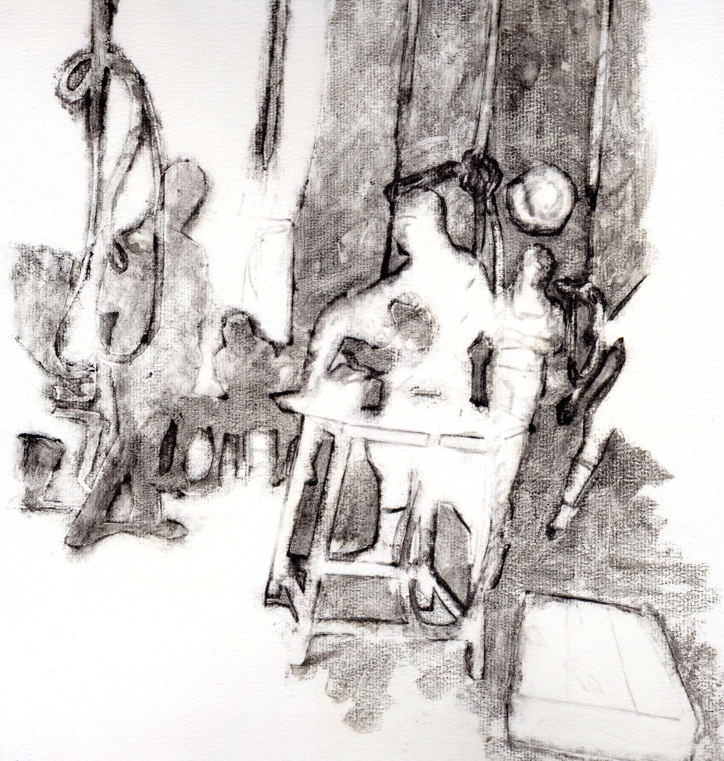 Monoprint of church bell ringers - IN THE SOUND - by Lys Flowerday